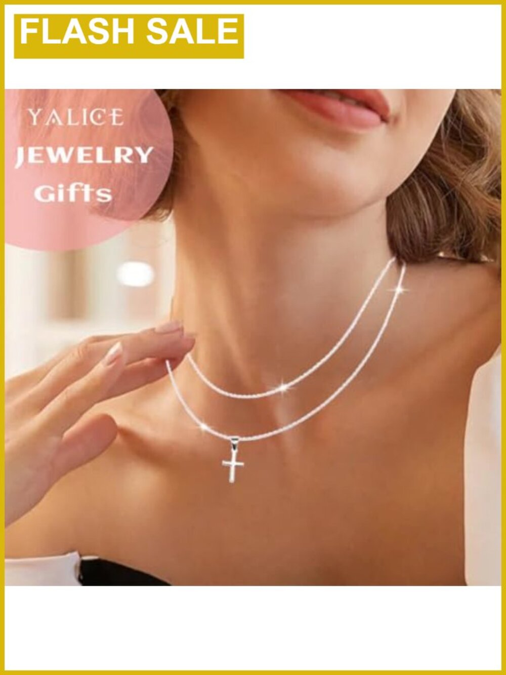 925 Sterling Silver Plated Layered Chain Necklace Cross Pendant Paperclip - Picture 6 of 6